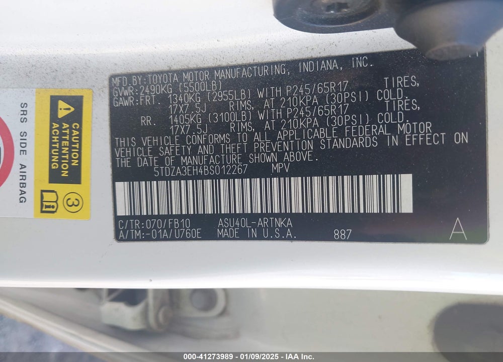 2011 TOYOTA HIGHLANDER VIN: 5TDZA3EH4BS012267