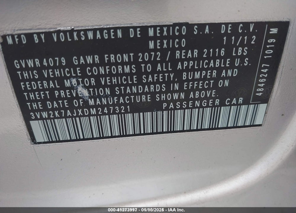 2013 VOLKSWAGEN JETTA 2.0L S VIN: 3VW2K7AJXDM247321