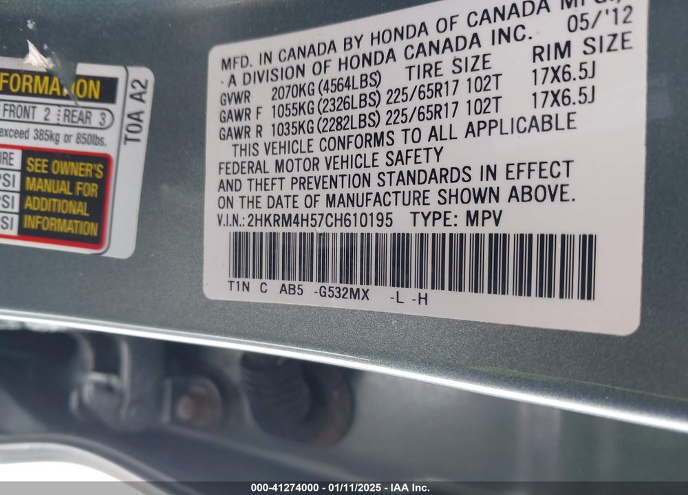 2012 HONDA CR-V EX VIN: 2HKRM4H57CH610195