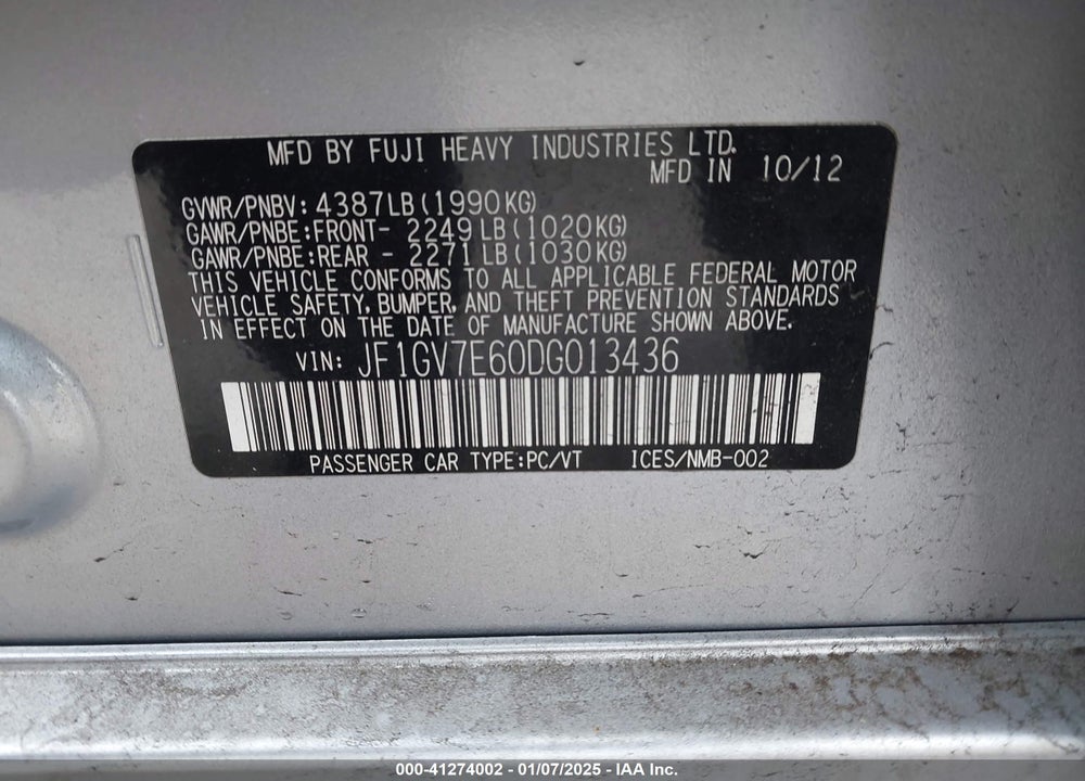 2013 SUBARU IMPREZA VIN: JF1GV7E60DG013436