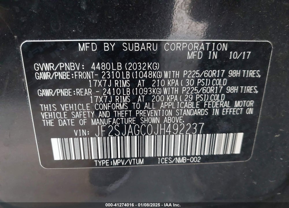 2018 SUBARU FORESTER 2.5I PREMIUM VIN: JF2SJAGC0JH492237