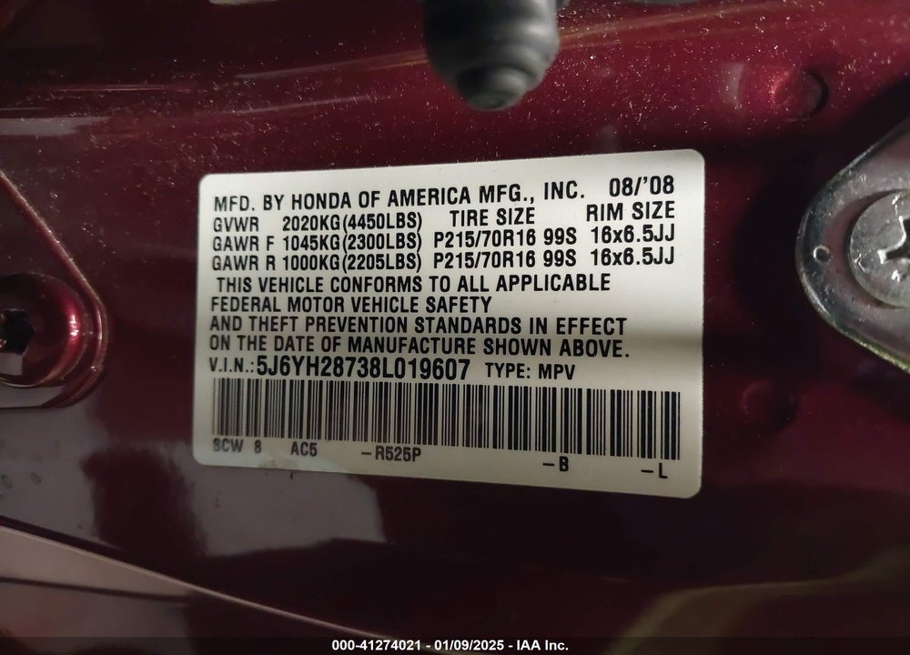 2008 HONDA ELEMENT EX VIN: 5J6YH28738L019607