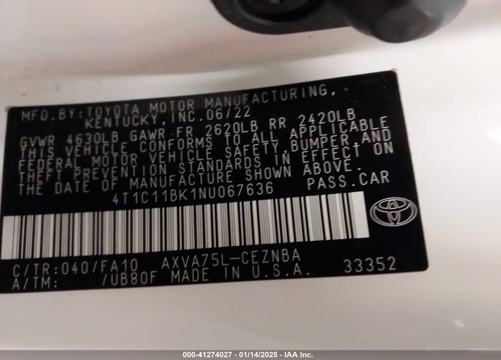 2022 TOYOTA CAMRY LE AWD VIN: 4T1C11BK1NU067636