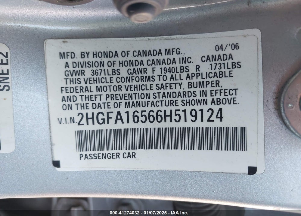 2006 HONDA CIVIC VIN: 2HGFA16566H519124