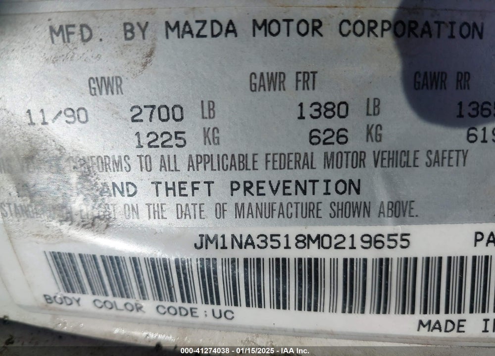 1991 MAZDA MX-5 MIATA VIN: JM1NA3518M0219655