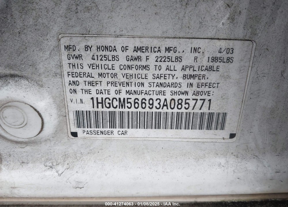 2003 HONDA ACCORD 2.4 EX VIN: 1HGCM56693A085771