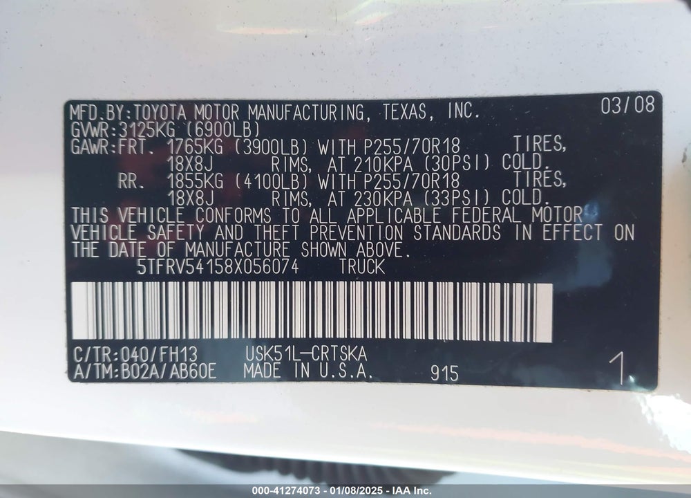 2008 TOYOTA TUNDRA VIN: 5TFRV54158X056074