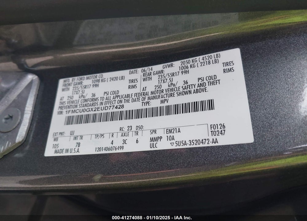 2014 FORD ESCAPE SE VIN: 1FMCU0GX2EUD77428