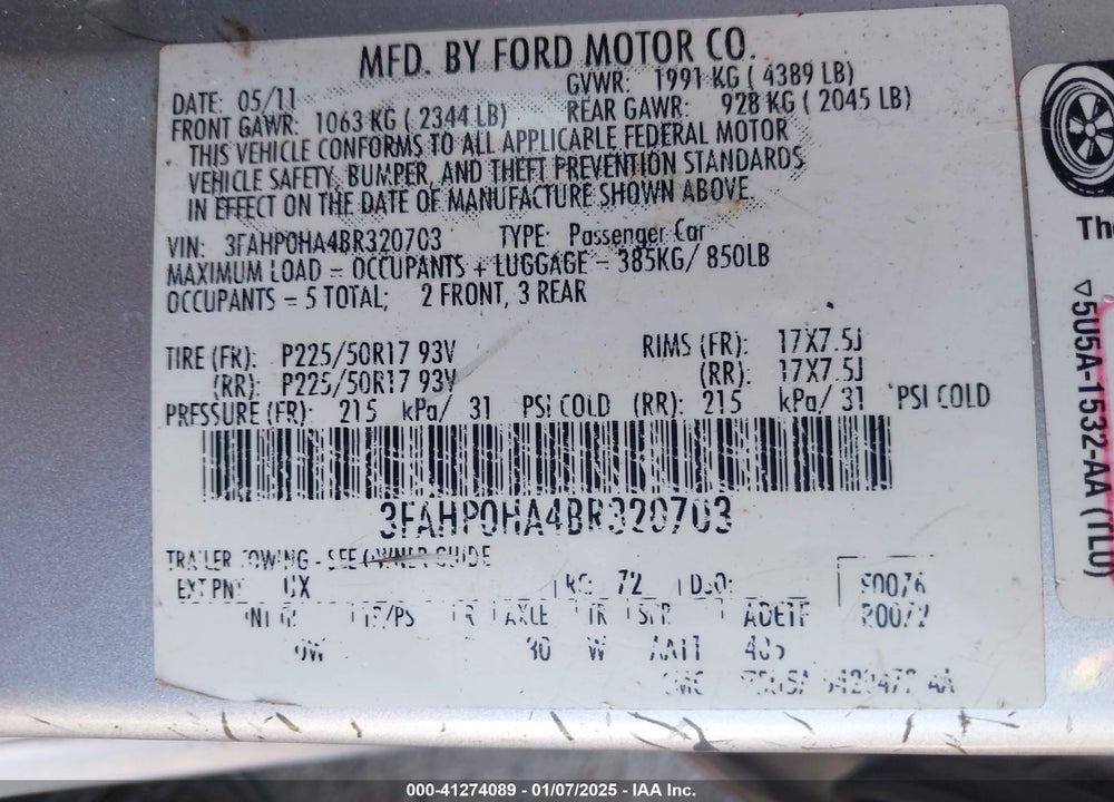 2011 FORD FUSION SE VIN: 3FAHP0HA4BR320703