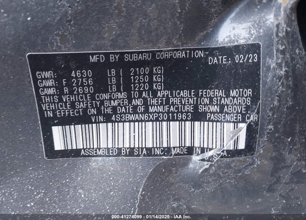 2023 SUBARU LEGACY VIN: 4S3BWAN6XP3011963
