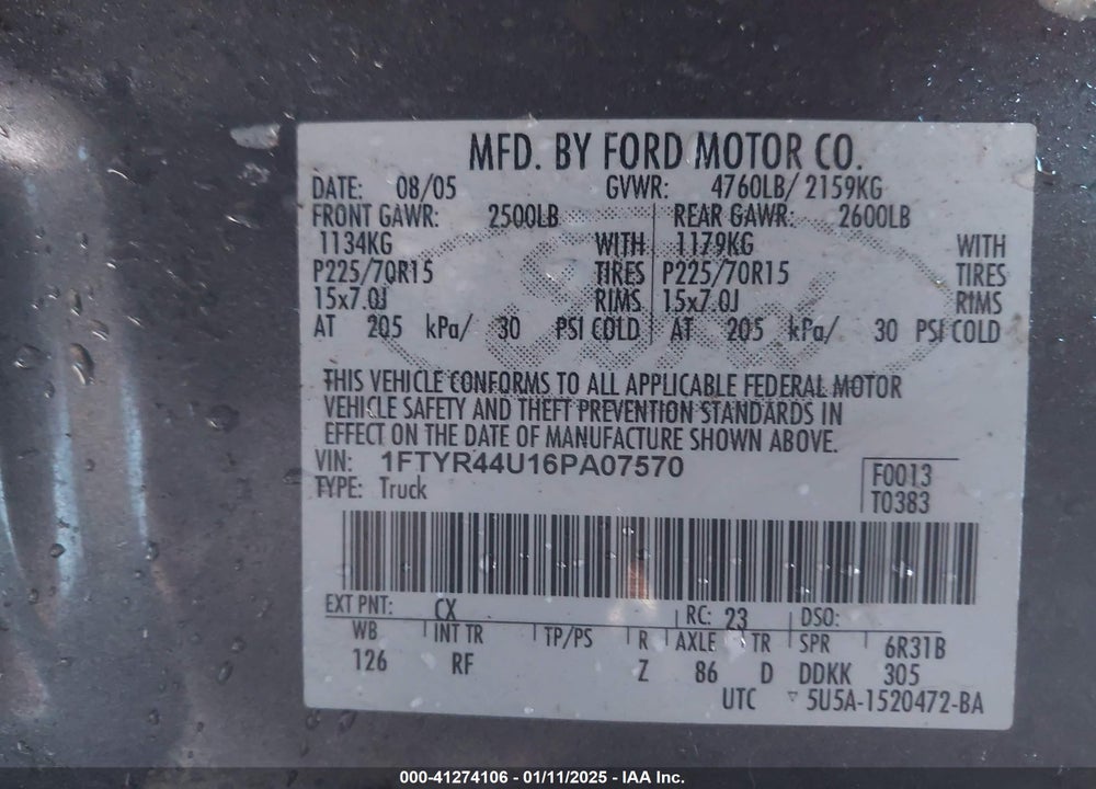 2006 FORD RANGER SPORT/STX/XLT VIN: 1FTYR44U16PA07570