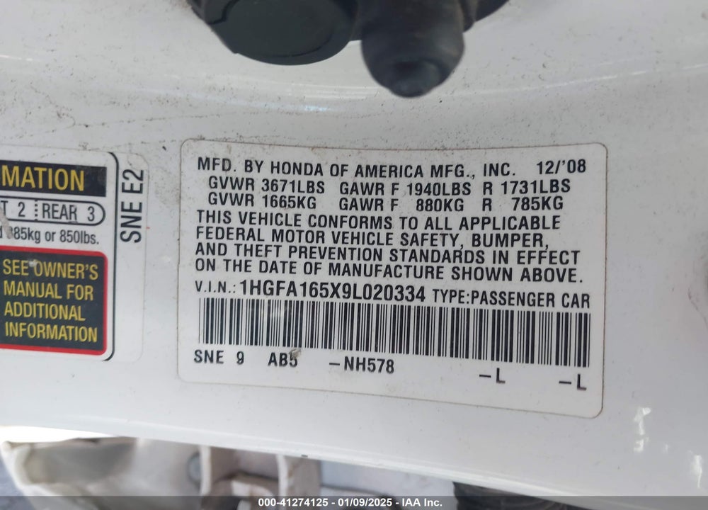 2009 HONDA CIVIC VIN: 1HGFA165X9L020334