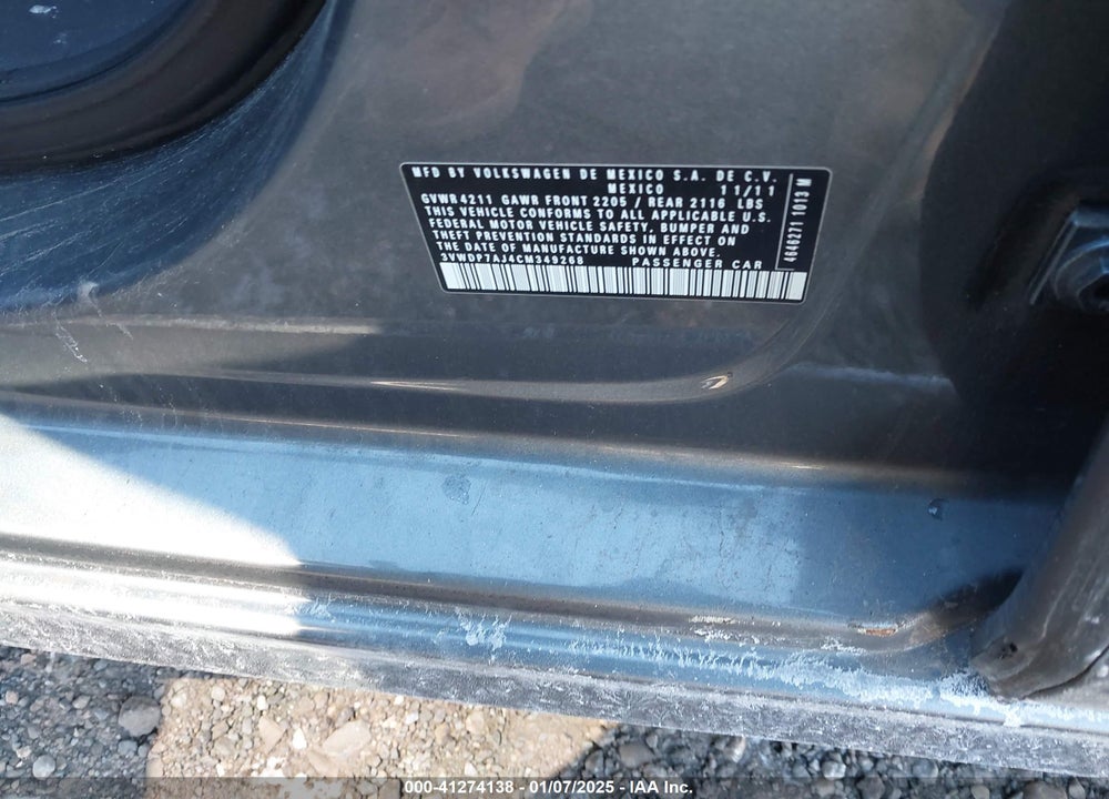 2012 VOLKSWAGEN JETTA 2.5L SE VIN: 3VWDP7AJ4CM349268