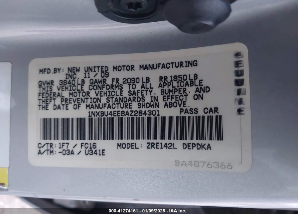 2010 TOYOTA COROLLA VIN: 1NXBU4EE8AZ284301