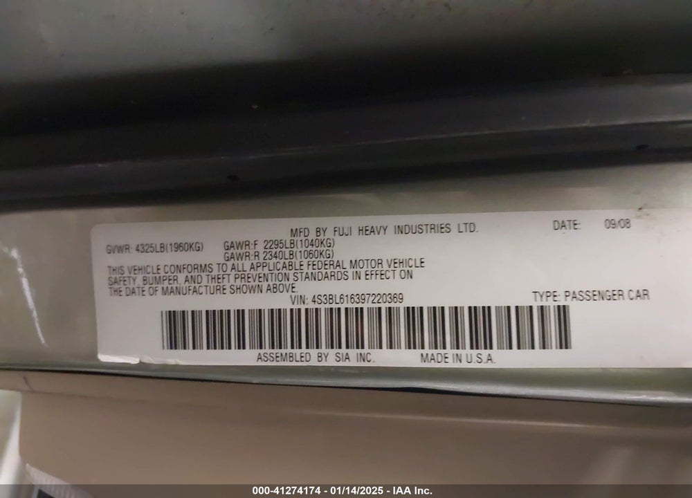 2009 SUBARU LEGACY 2.5I VIN: 4S3BL616397220369