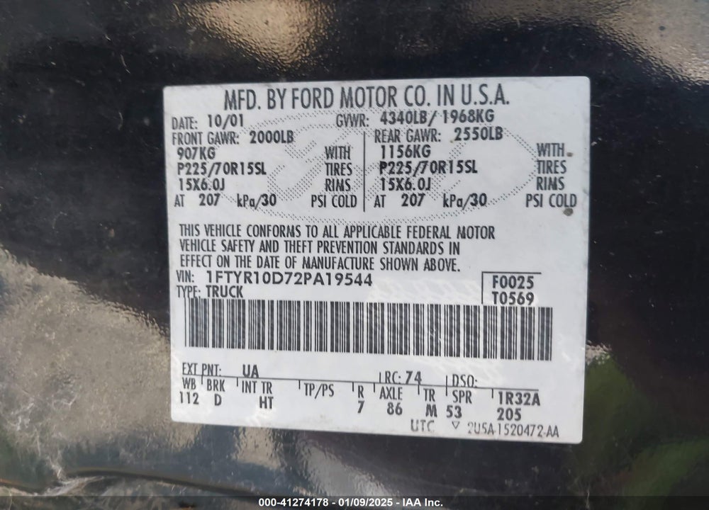 2002 FORD RANGER XL/XLT VIN: 1FTYR10D72PA19544