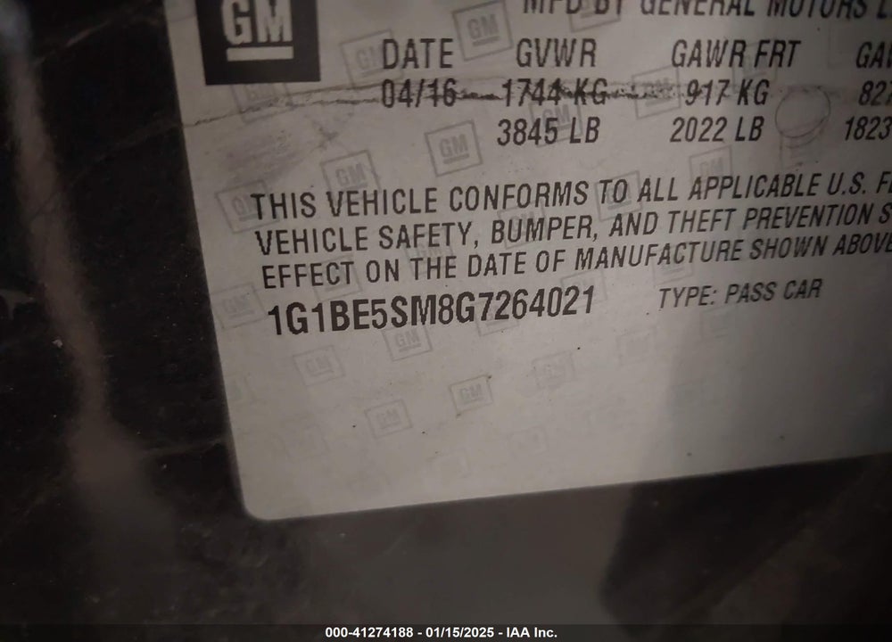 2016 CHEVROLET CRUZE VIN: 1G1BE5SM8G7264021