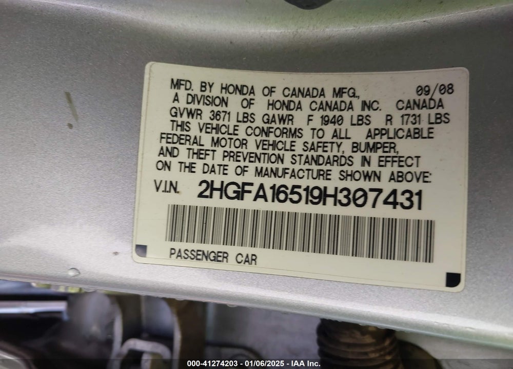2009 HONDA CIVIC LX VIN: 2HGFA16519H307431