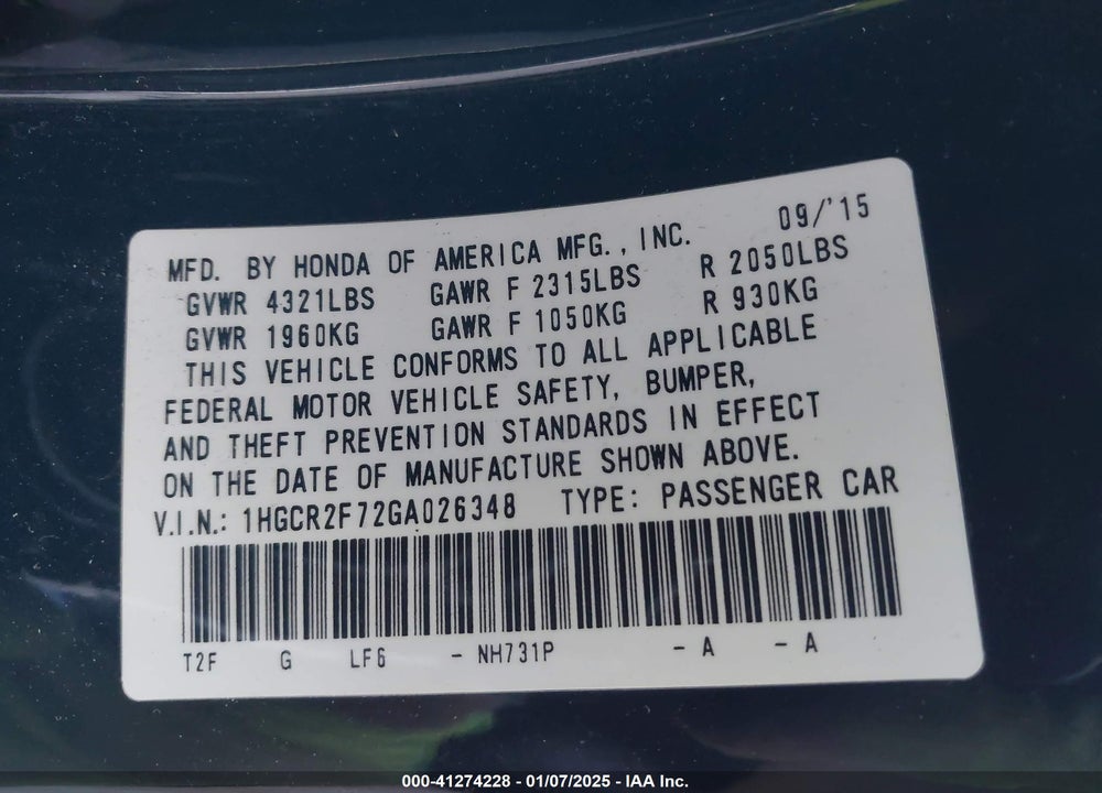 2016 HONDA ACCORD EX VIN: 1HGCR2F72GA026348