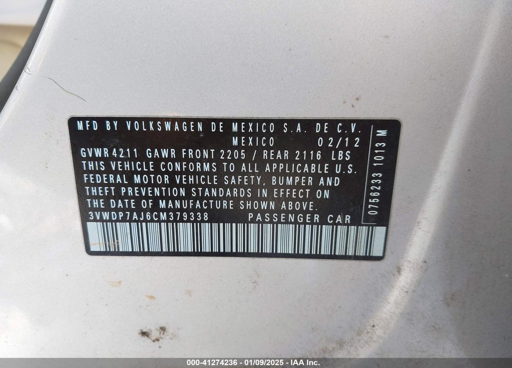 2012 VOLKSWAGEN JETTA 2.5L SE VIN: 3VWDP7AJ6CM379338