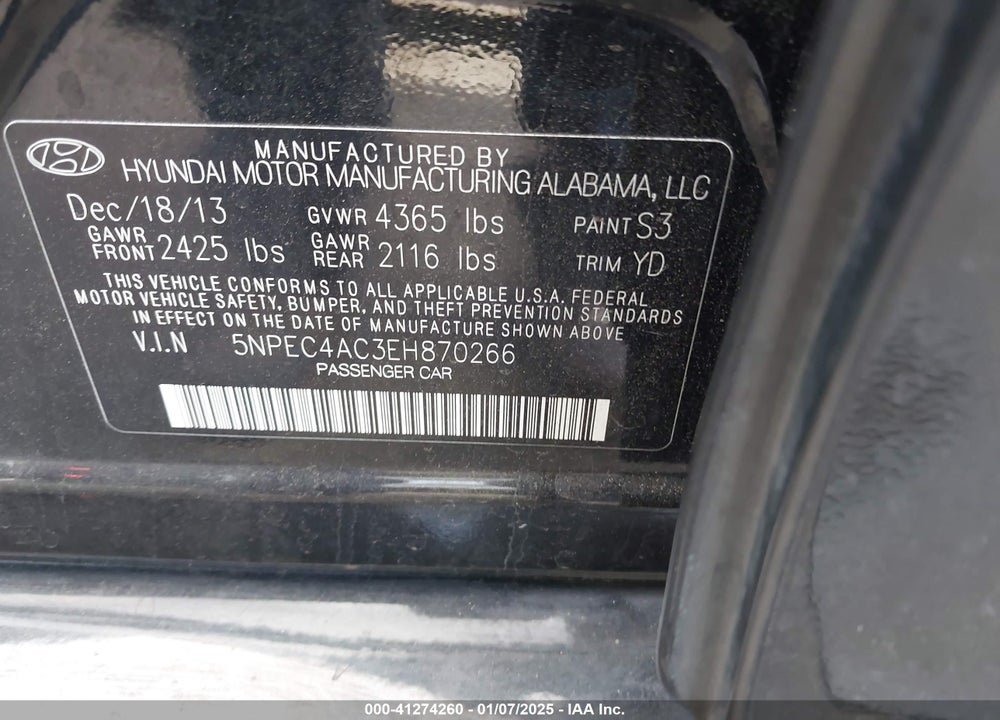 2014 HYUNDAI SONATA LIMITED VIN: 5NPEC4AC3EH870266