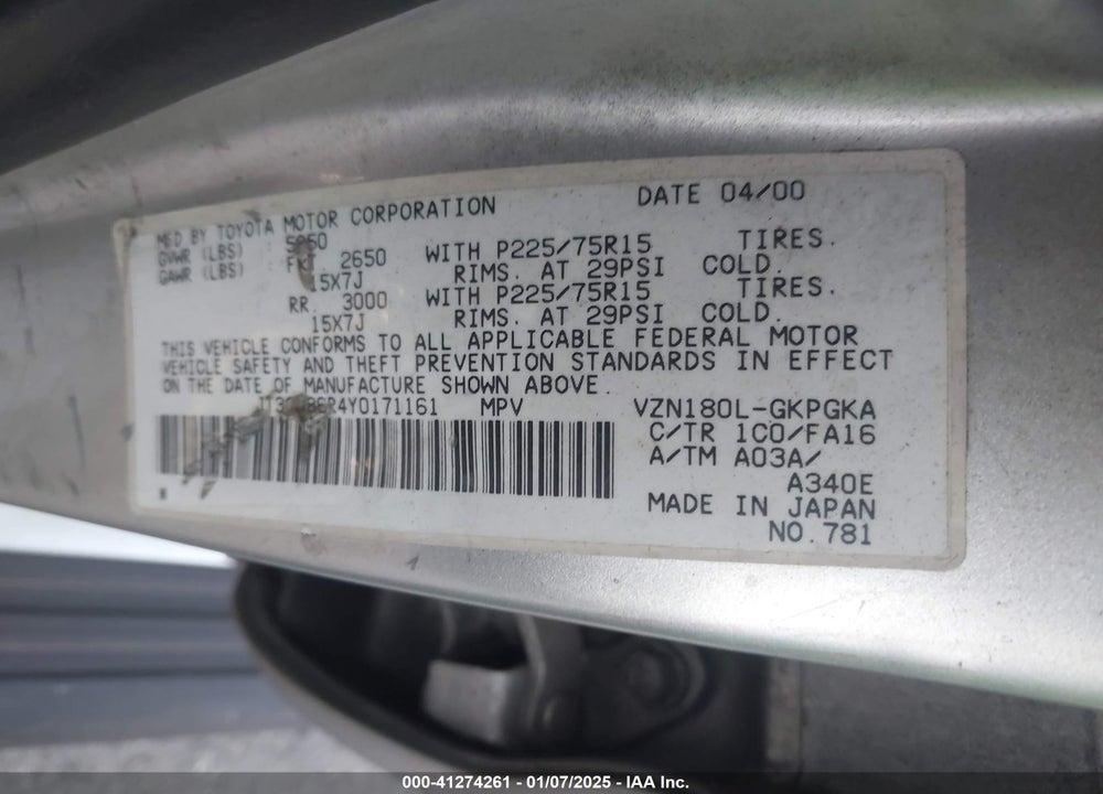 2000 TOYOTA 4RUNNER SR5 V6 VIN: JT3GN86R4Y0171161