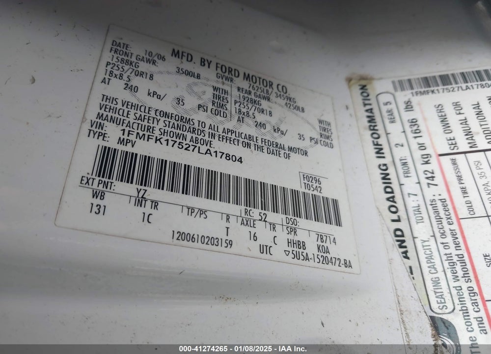 2007 FORD EXPEDITION EL EDDIE BAUER VIN: 1FMFK17527LA17804