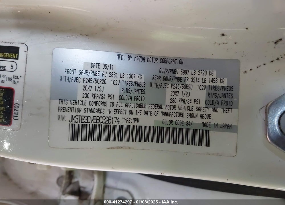 2011 MAZDA CX-9 GRAND TOURING VIN: JM3TB3DV5B0326174