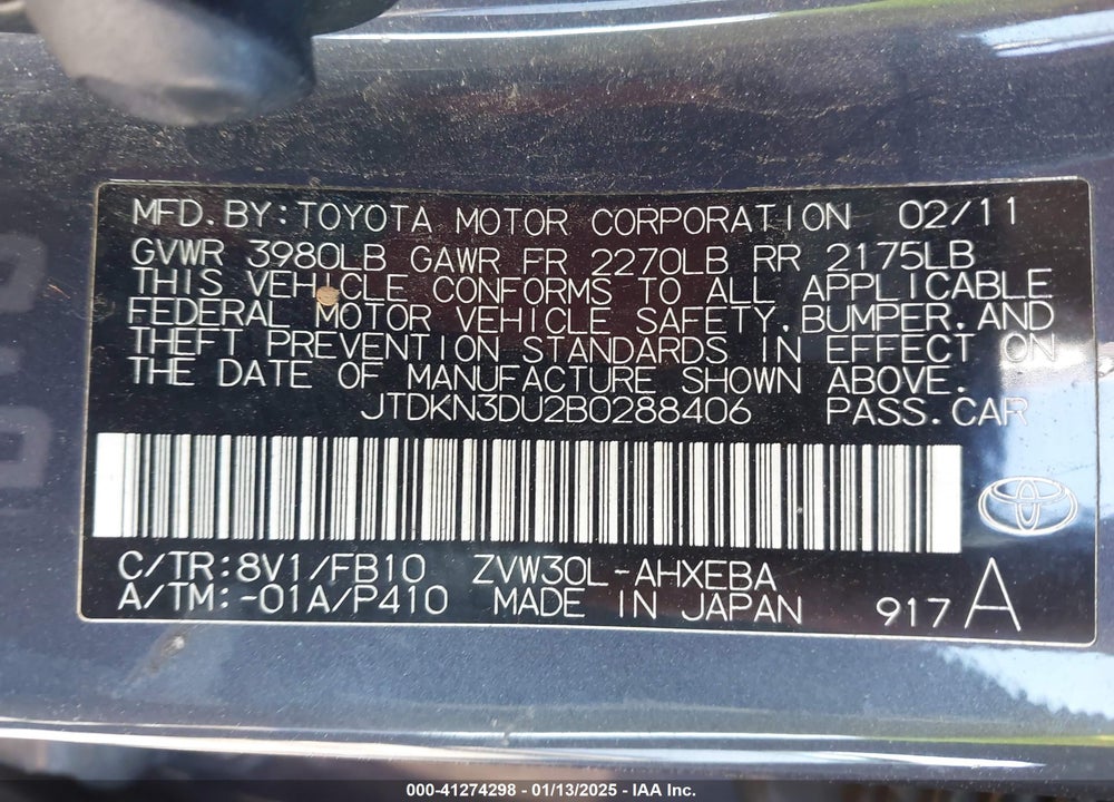 2011 TOYOTA PRIUS VIN: JTDKN3DU2B0288406