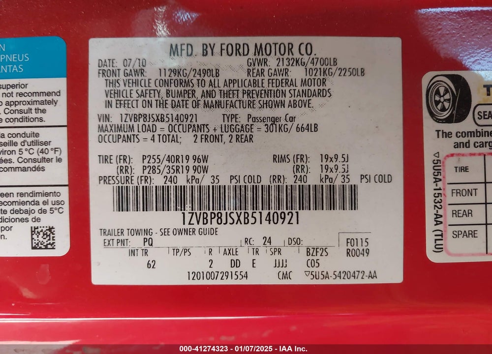 2011 FORD SHELBY GT500 VIN: 1ZVBP8JSXB5140921