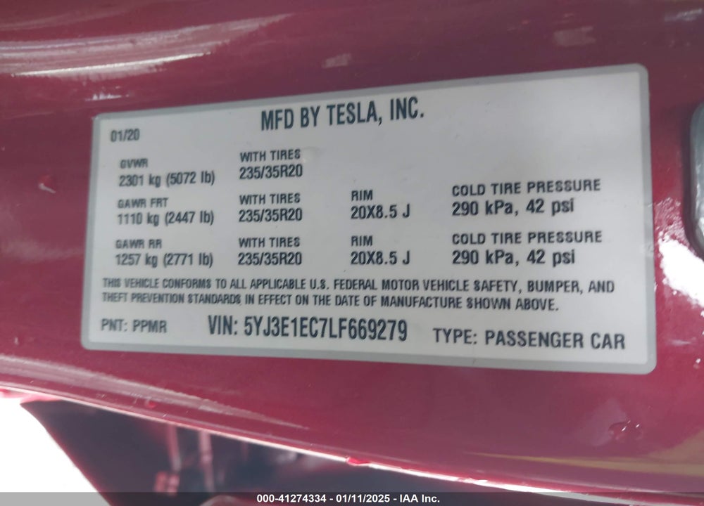 2020 TESLA MODEL 3 VIN: 5YJ3E1EC7LF669279