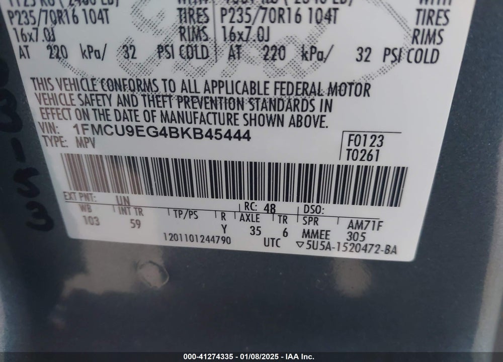 2011 FORD ESCAPE LIMITED VIN: 1FMCU9EG4BKB45444