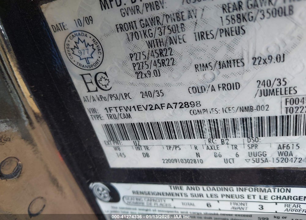 2010 HARLEY-DAVIDSON FORD F-150 FX4//KING RANCH/LARIAT/PLATINUM/XL/XLT VIN: 1FTFW1EV2AFA72898