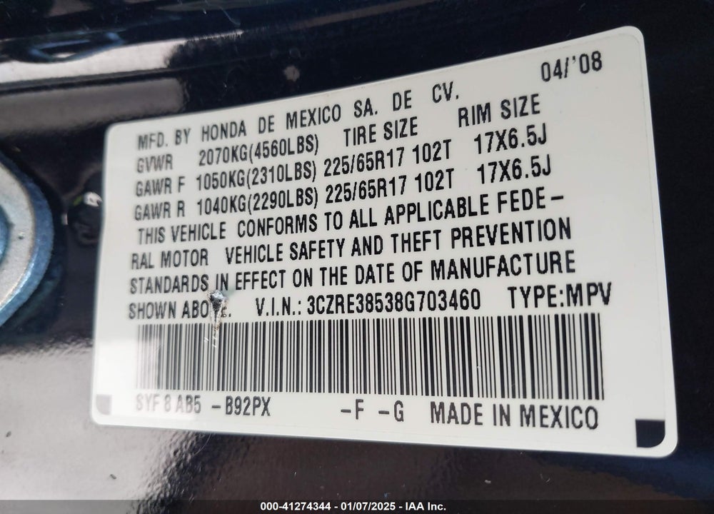 2008 HONDA CR-V EX VIN: 3CZRE38538G703460