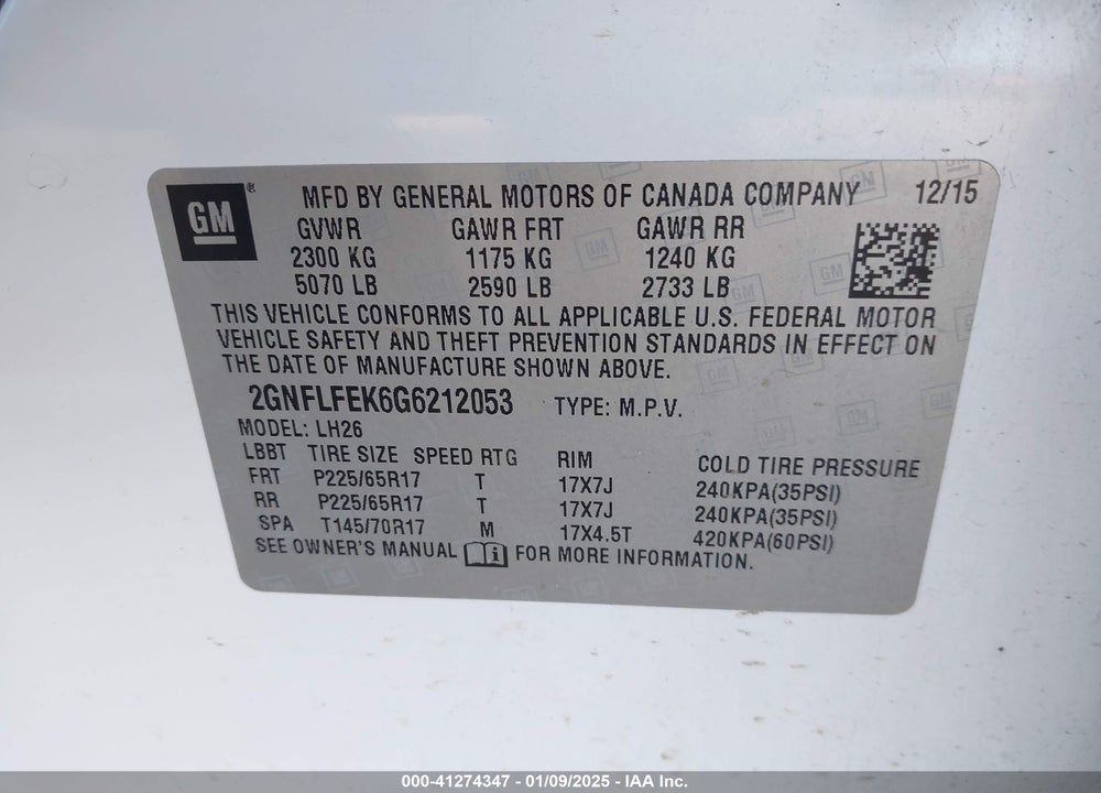 2016 CHEVROLET EQUINOX LT VIN: 2GNFLFEK6G6212053