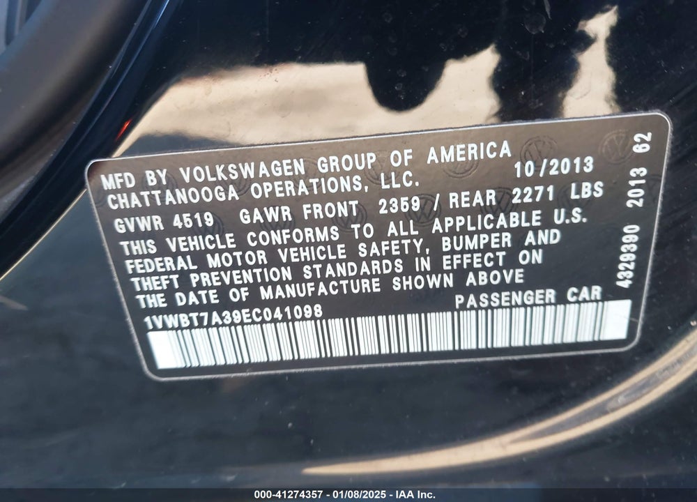 2014 VOLKSWAGEN PASSAT VIN: 1VWBT7A39EC041098