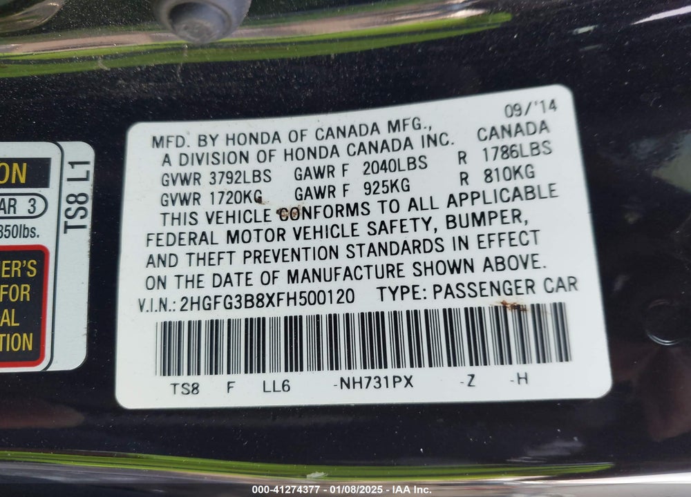 2015 HONDA CIVIC EX VIN: 2HGFG3B8XFH500120