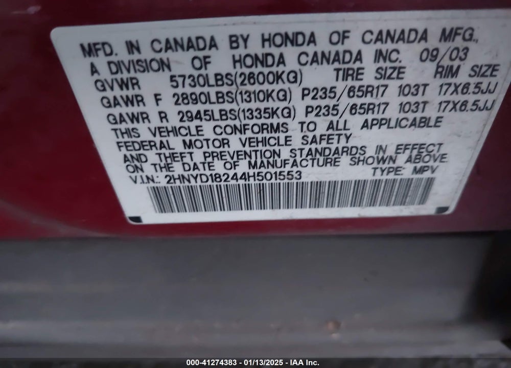 2004 ACURA MDX VIN: 2HNYD18244H501553