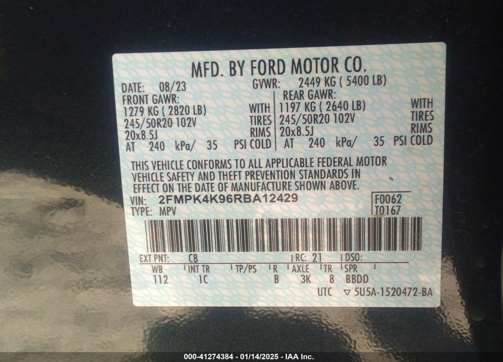 2024 FORD EDGE TITANIUM VIN: 2FMPK4K96RBA12429