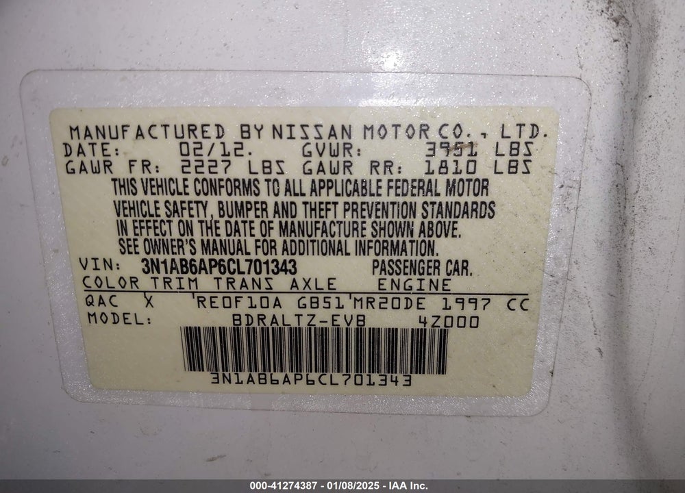 2012 NISSAN SENTRA 2.0 SR VIN: 3N1AB6AP6CL701343