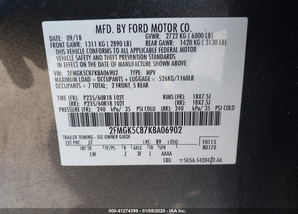 2019 FORD FLEX SEL VIN: 2FMGK5C87KBA06902