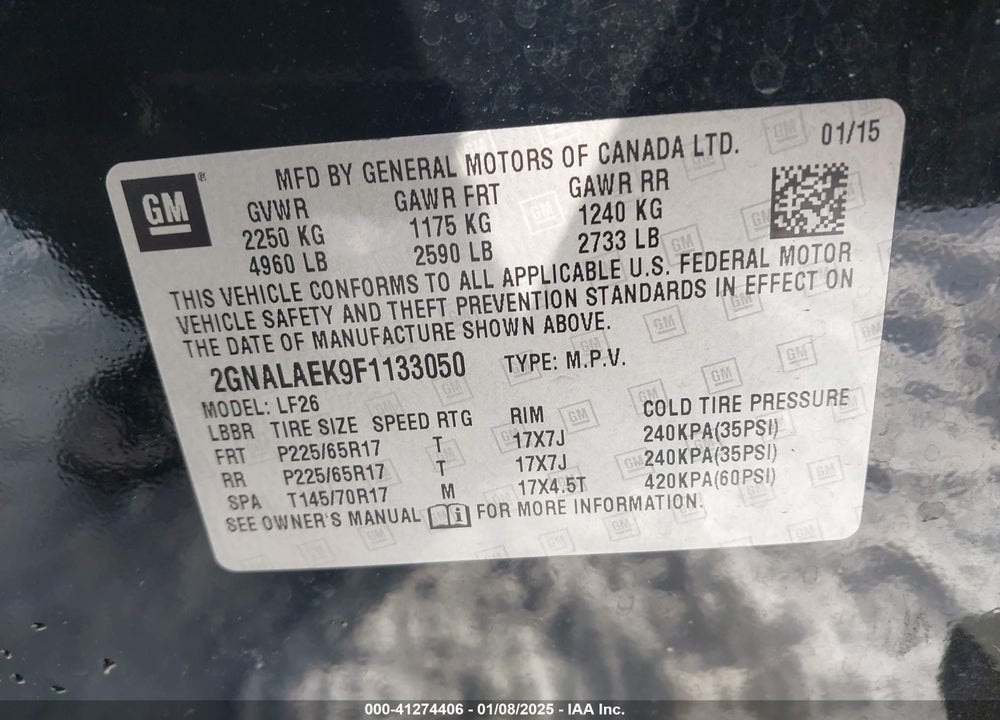 2015 CHEVROLET EQUINOX LS VIN: 2GNALAEK9F1133050
