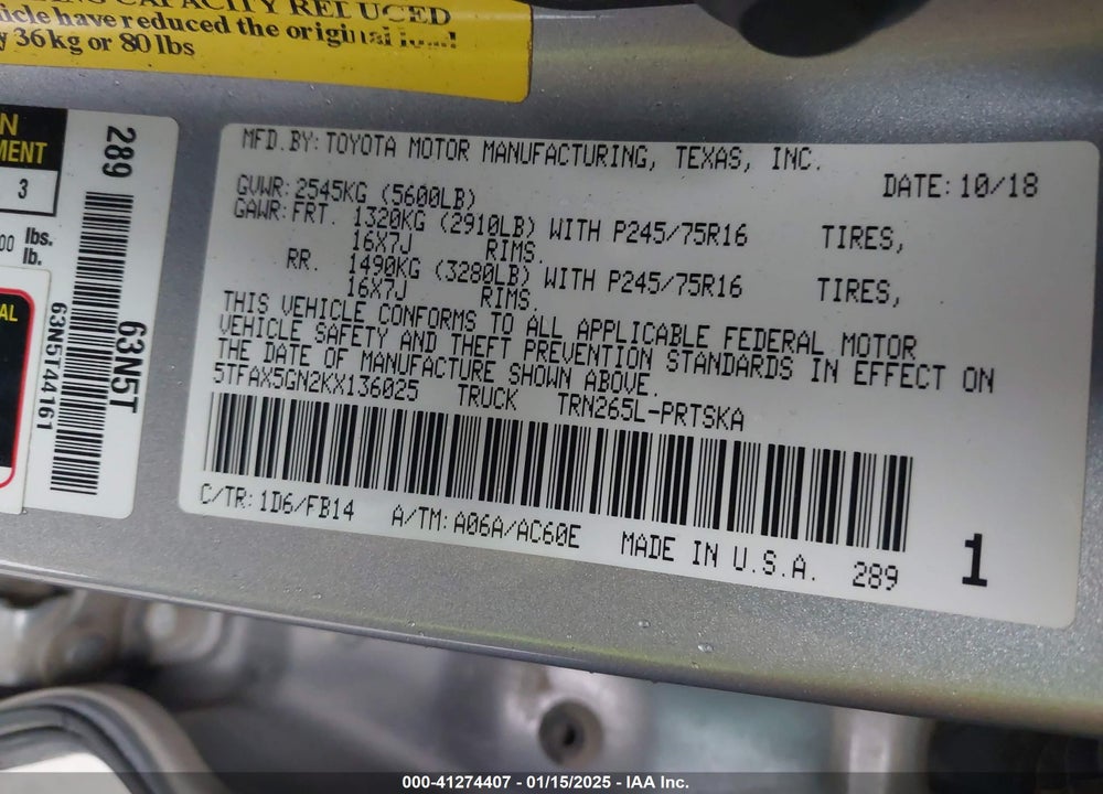 2019 TOYOTA TACOMA VIN: 5TFAX5GN2KX136025