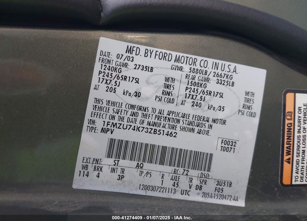 2003 FORD EXPLORER EDDIE BAUER VIN: 1FMZU74K73ZB51462