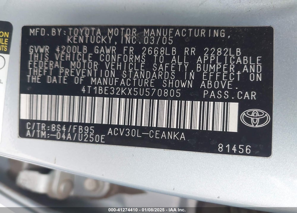 2005 TOYOTA CAMRY LE VIN: 4T1BE32KX5U570805