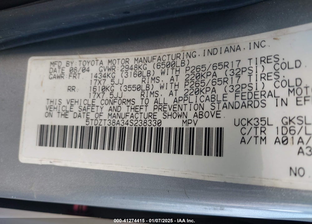 2004 TOYOTA SEQUOIA LIMITED V8 VIN: 5TDZT38A34S238330
