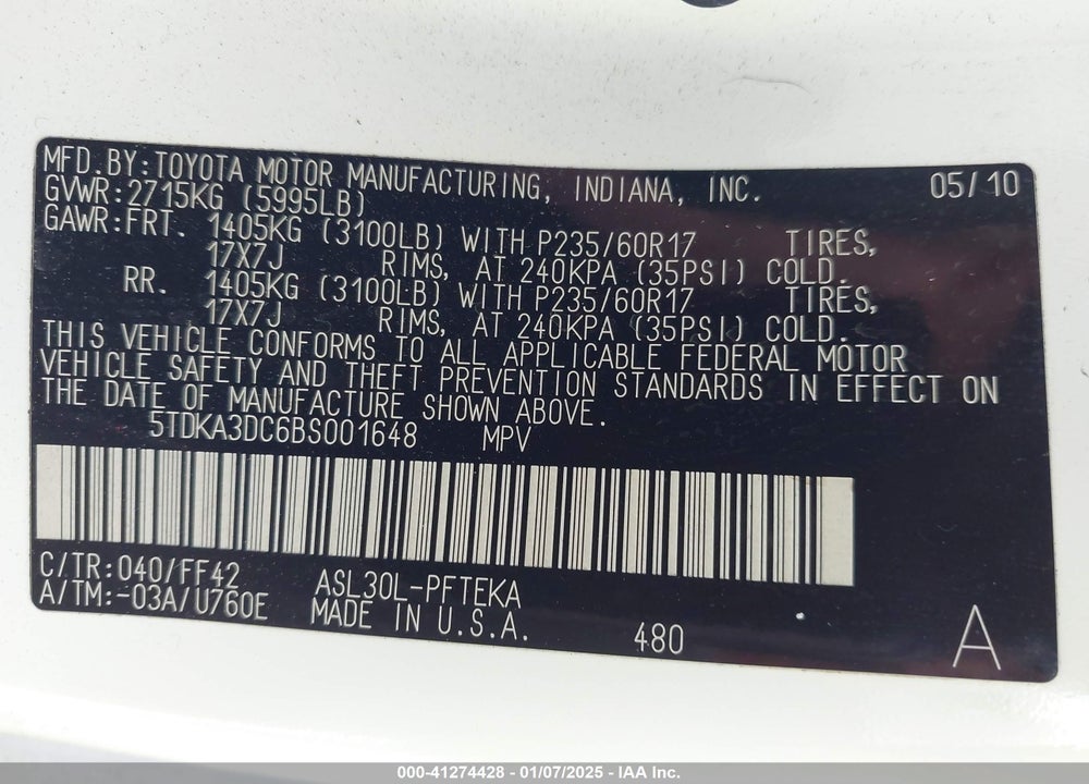 2011 TOYOTA SIENNA VIN: 5TDKA3DC6BS001648