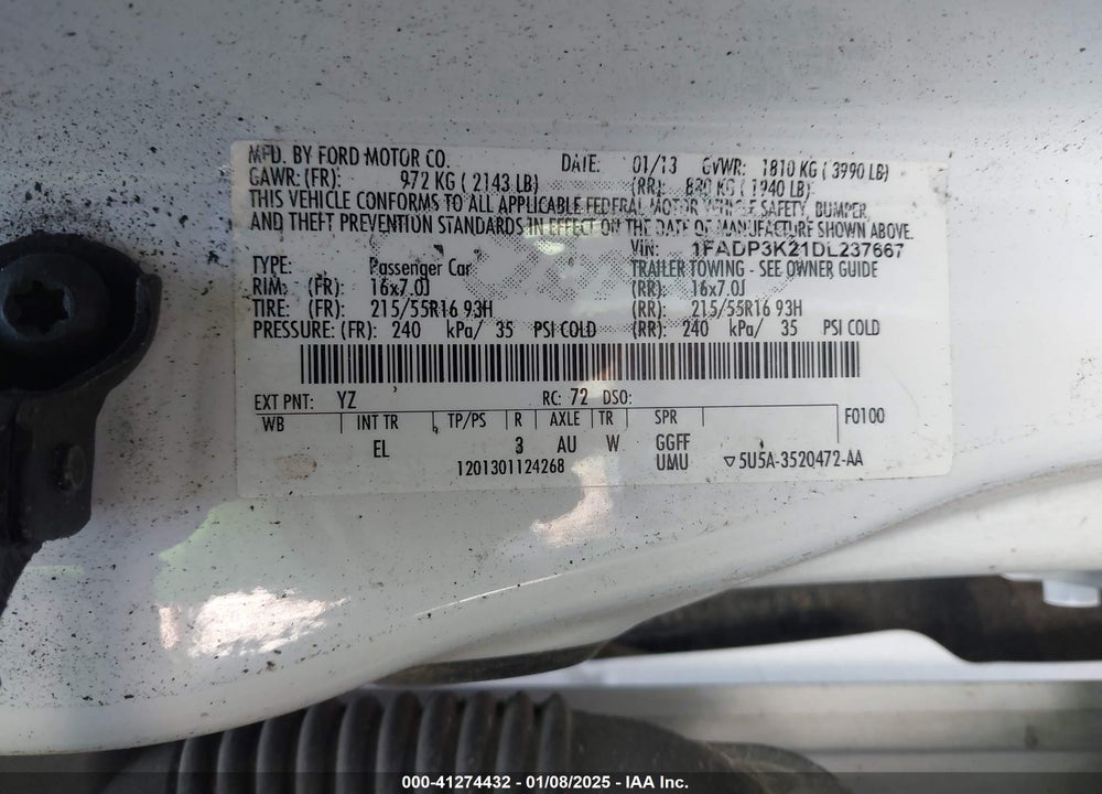 2013 FORD FOCUS VIN: 1FADP3K21DL237667