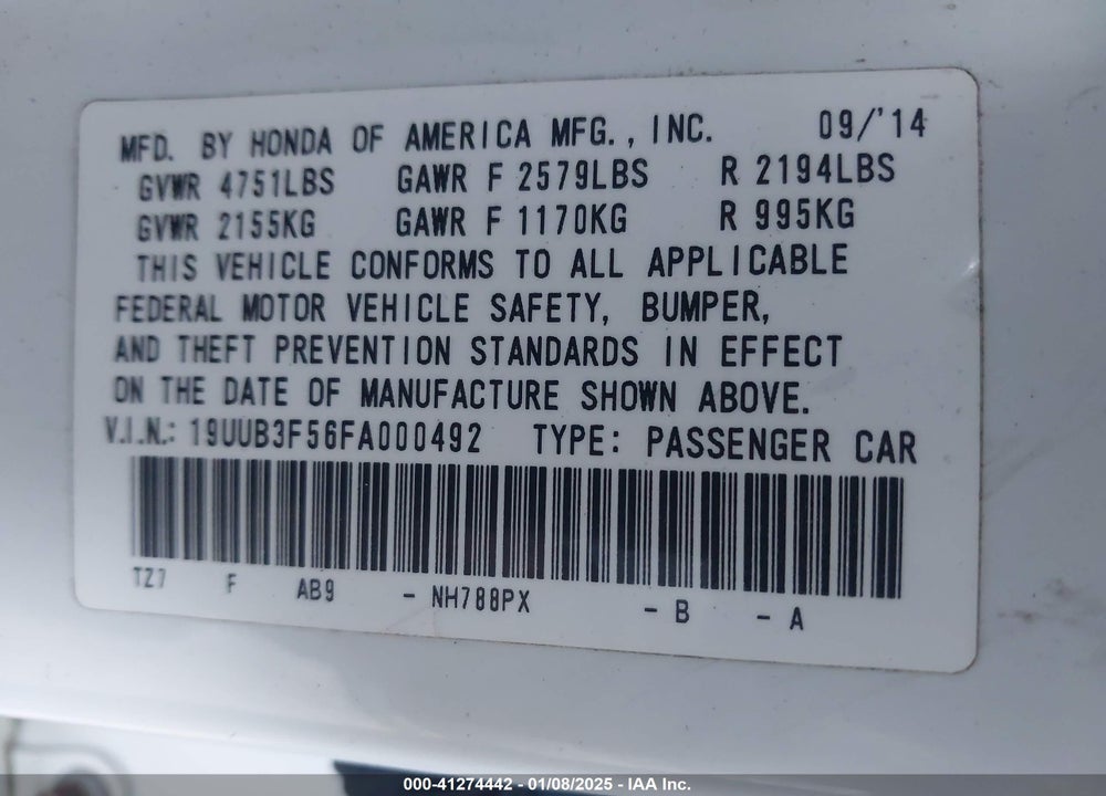 2015 ACURA TLX VIN: 19UUB3F56FA000492