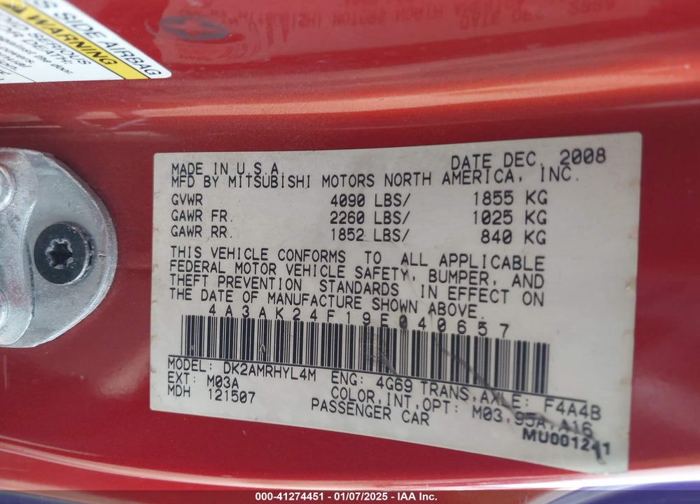 2009 MITSUBISHI ECLIPSE GS VIN: 4A3AK24F19E040657